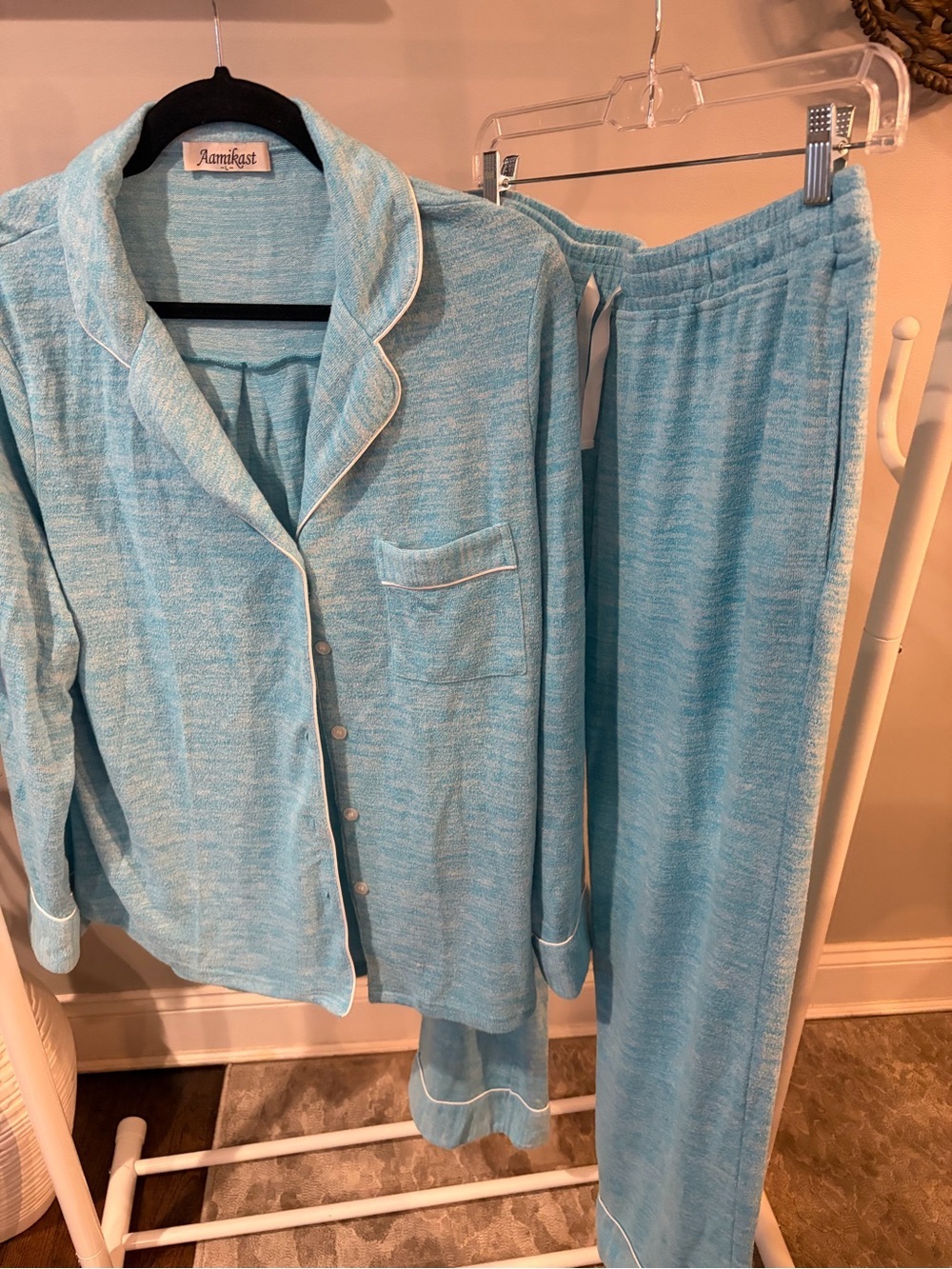 Aamikast Aqua Blue Two-Piece Pajama Set with White Piping size Large